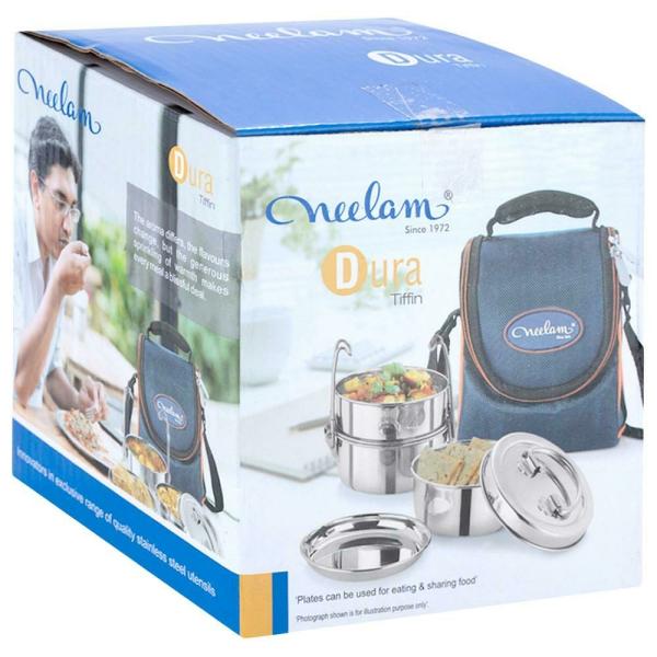 Neelam Dura Round Stainless Steel 3 Container Lunch Box 7 inch with Plate JioMart