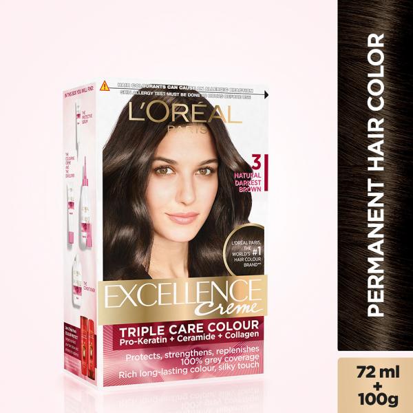 L'Oreal Paris Excellence Creme Hair Colour, Natural Darkest Brown (3) (72  ml + 100 g) - JioMart