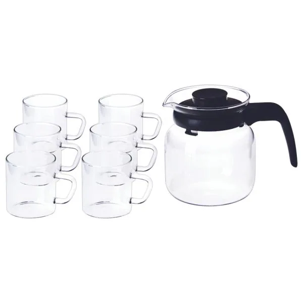 Borosil Classic Round Carafe and Mugs Tea Set (1 L+ 190 ml) (7 pcs