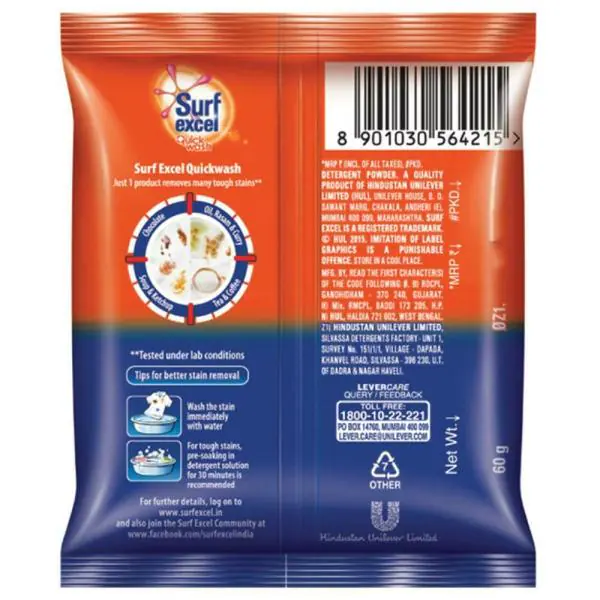 Surf Excel Quick Wash Detergent Powder 60 g JioMart