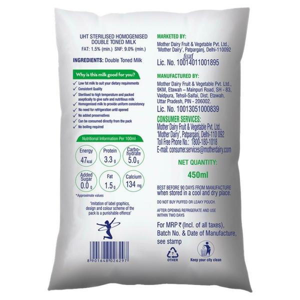 Mother Dairy Livelite Double Toned Low Fat Milk 450 ml (ESL pouch
