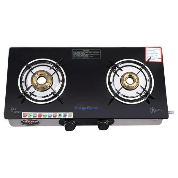 Surya Flame Classic Black Toughened Glass Top 2 Burner Gas Stove JioMart