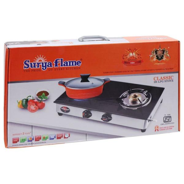 Surya Flame Classic Black Toughened Glass Top 2 Burner Gas Stove JioMart
