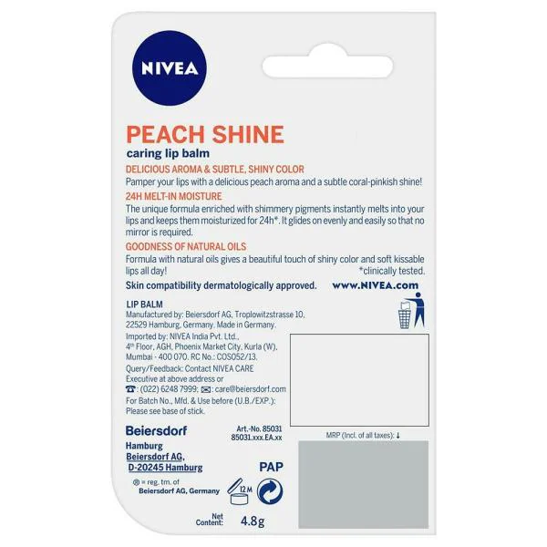 Nivea 24 hour Meltin Moisture Caring Lip Balm, Peach Shine 4.8 g JioMart