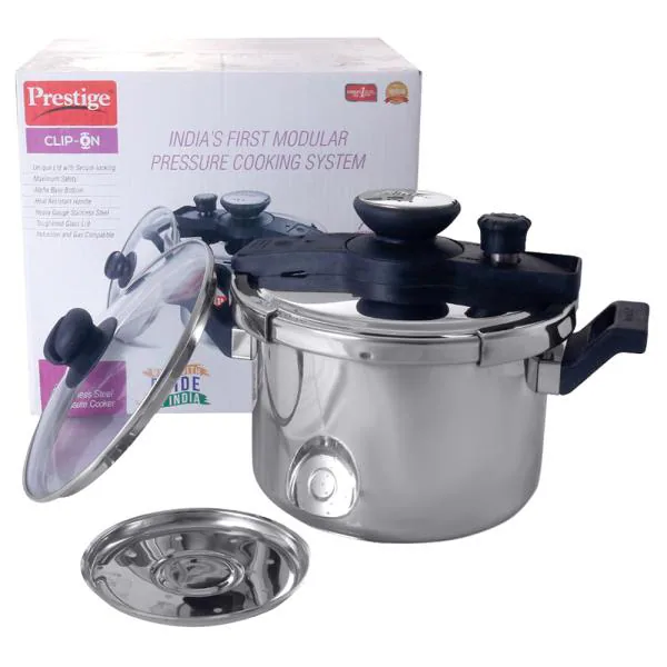 Prestige ClipOn Round Stainless Steel Pressure Cooker 5 L with Outer Glass Lid JioMart
