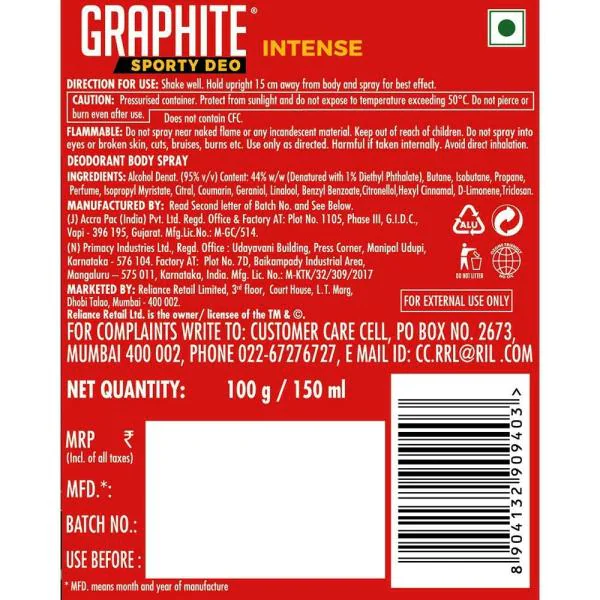 Graphite Sporty Intense Deo Body Spray for Men 150 ml JioMart