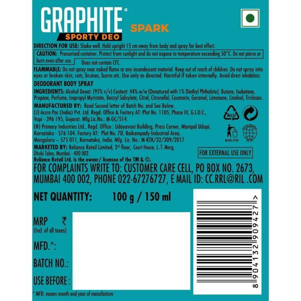 Graphite Spark Sporty Deo Body Spray for Men 150 ml JioMart