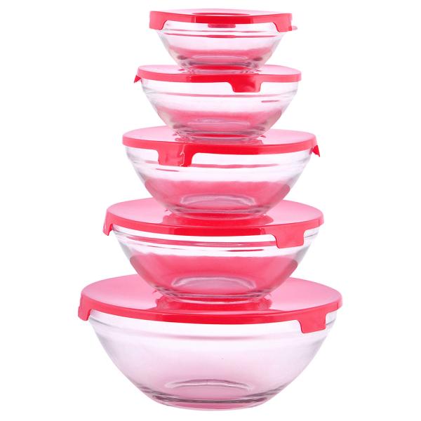 Roxx Kitchen Glass Storage Bowl with Pink Plastic Lid (Set of 5) JioMart