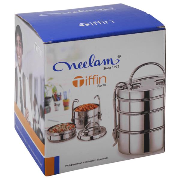 Neelam Sada Round Stainless Steel 3 Container Lunch Box 7 inch with Plate JioMart