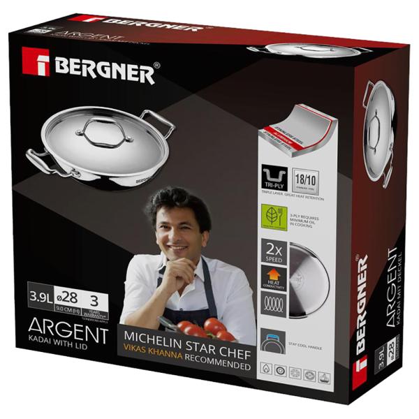 Bergner Argent Triply Round Stainless Steel Induction Base Kadhai 3.9 L with Glass Lid (BG6333