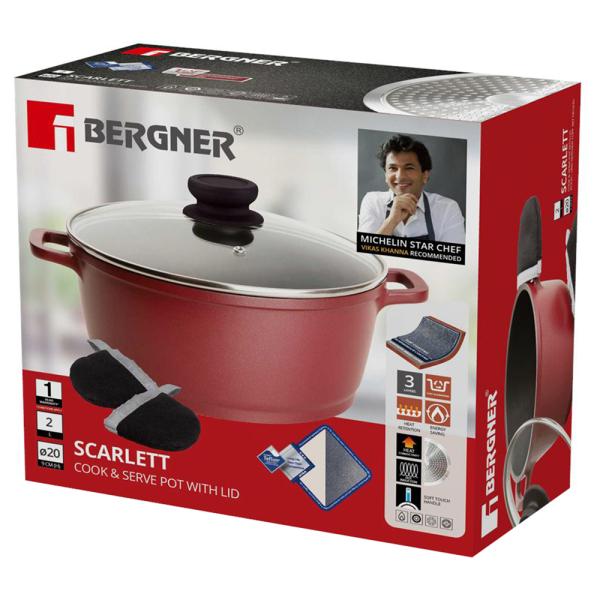 Bergner Cook & Serve Red Round Diecast Aluminium NonStick Pot 2 L