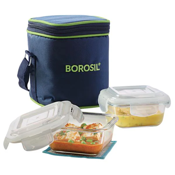 Borosil Square Glass Microwavable Lunch Box 320 ml (Set of 2) with Bag