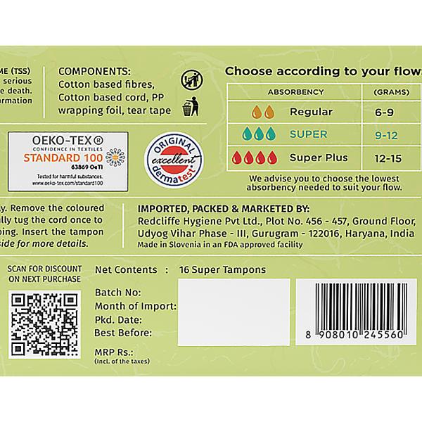 Pee Safe 100 Organic Cotton Biodegradable Tampons (Super) 16 pcs