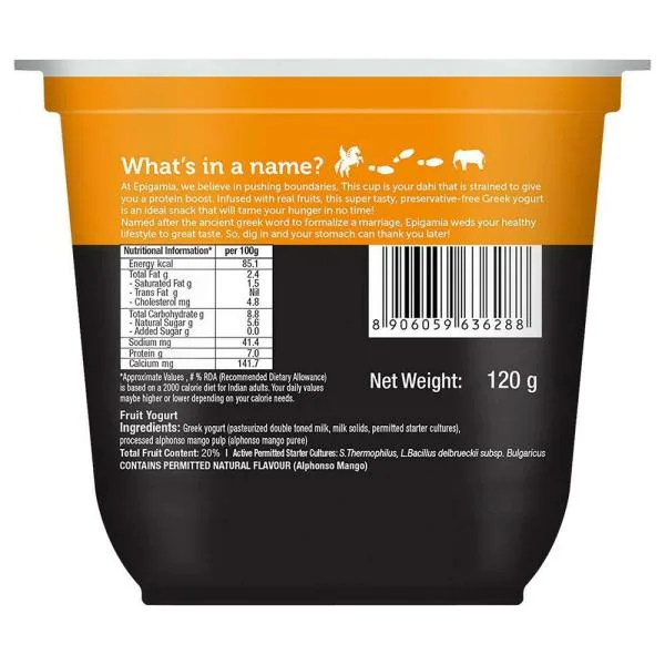Epigamia No Sugar Mango Flavoured Greek Yogurt 120 g (Cup) JioMart