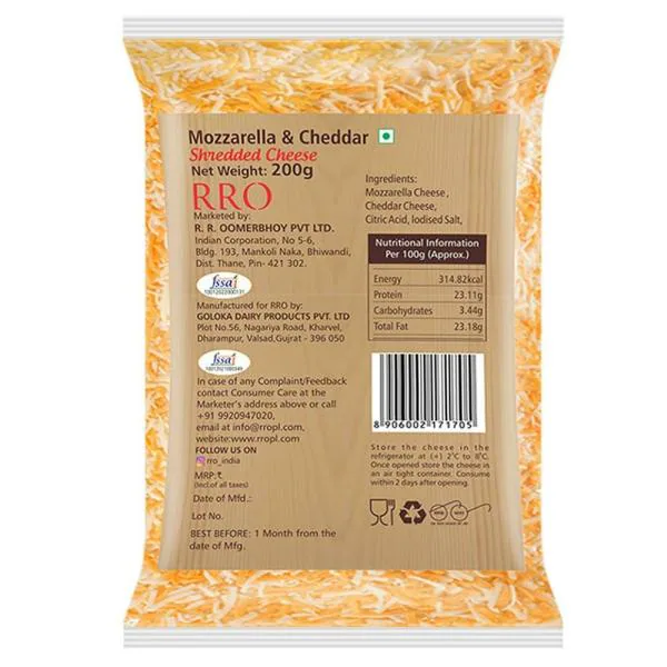 RRO Dairy Mozzarella & Cheddar Shredded Cheese 200 g (Pack) JioMart