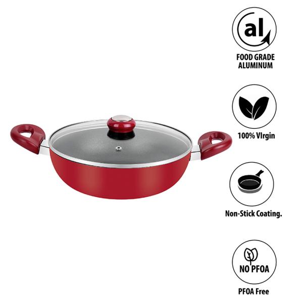 Home One Red & Black Induction Base Non Stick Kadai with Lid 24 cm