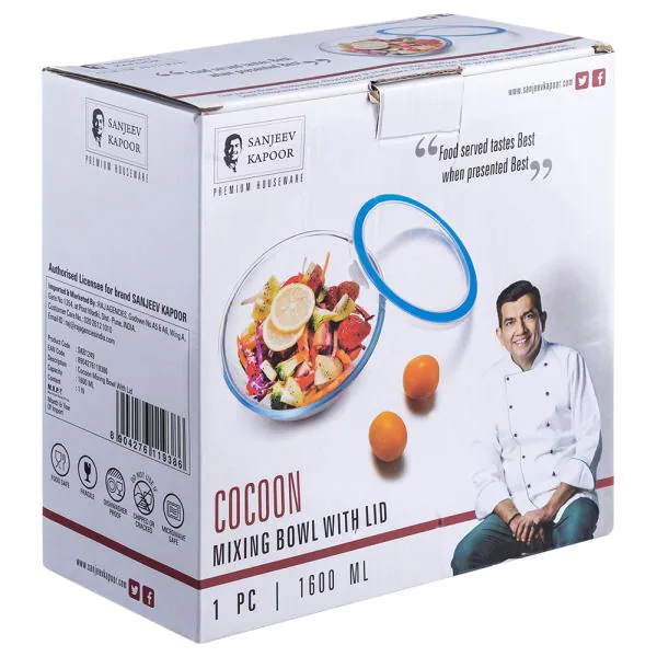 Sanjeev Kapoor Cocoon Borosilicate Glass Mixing Bowl with Green Lid