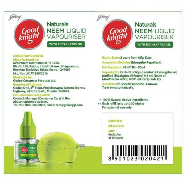 Good Knight Naturals Neem Mosquito Repellent Refill 45 ml (Pack of 2