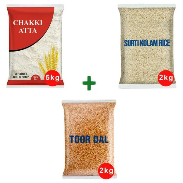 Atta Dal Rice Combo - Chakki Atta 5 kg + Toor Dal 2 kg + Surti Kolam ...