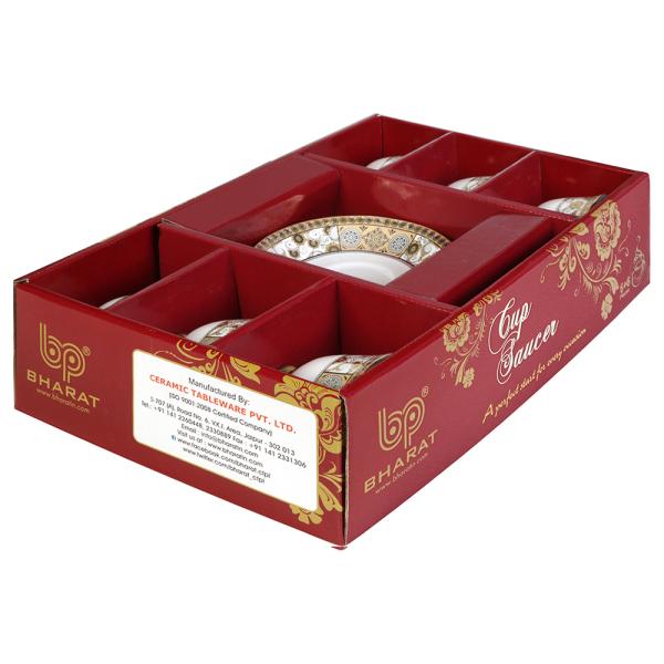 BP Bharat White and Golden Bone China Cup and Saucer 160 ml 6 pcs