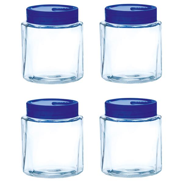 Yera Pyramid Glass Jar with Blue Lid 580 ml (Set of 4) JioMart