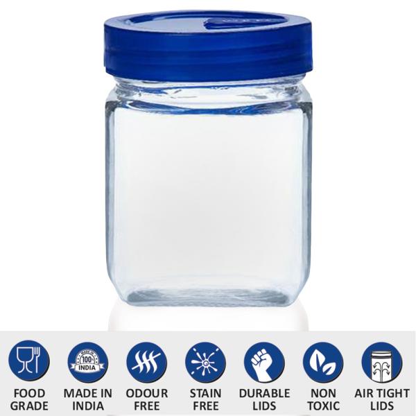 Yera Square Glass Jar with Blue Lid 320 ml (Set of 4) JioMart