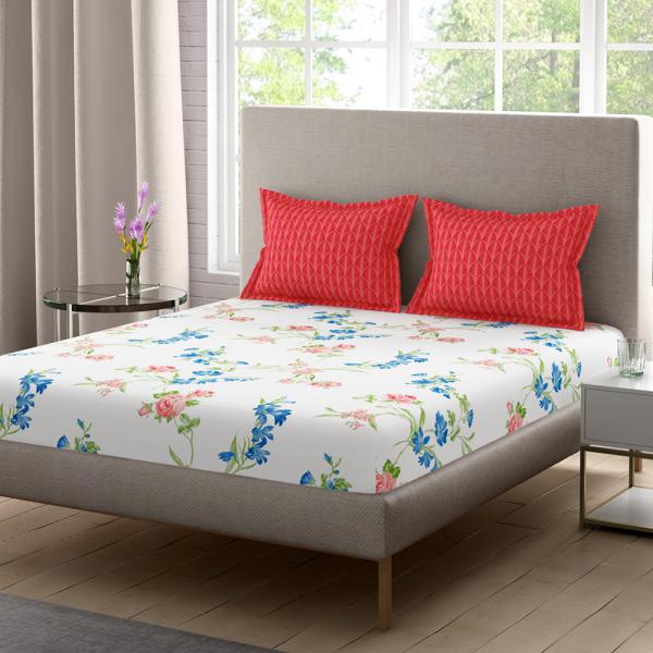 Home Expressions USA Red Floral Cotton Double Bedsheet with 2 Pillow