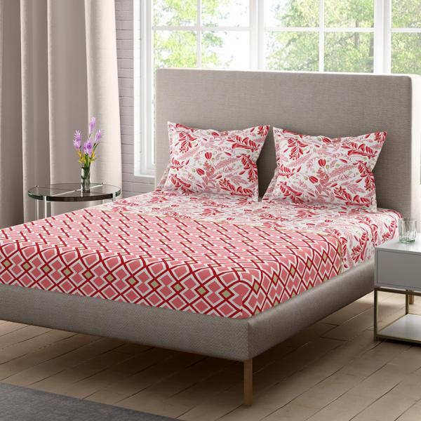 Home Expressions USA Red Leaf Cotton Super King Bedsheet with 2 Pillow