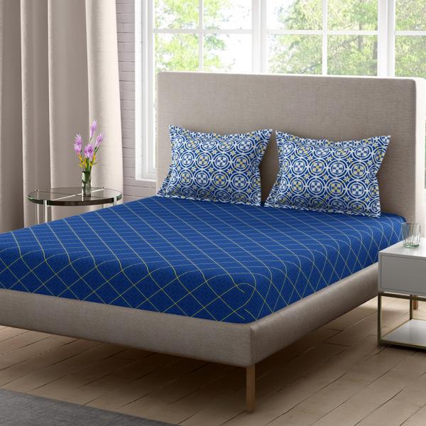 Home Expressions USA Blue Geometric Cotton Double Bedsheet with 2