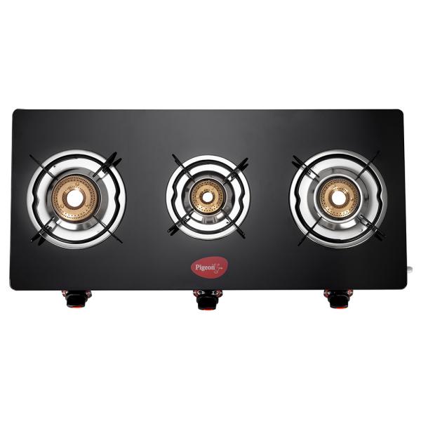 Pigeon Black and Silver Steel Glass Top Special 3 Burner Gas Stove