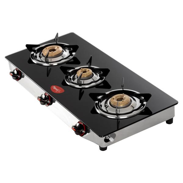 Pigeon Black and Silver Steel Glass Top Special 3 Burner Gas Stove