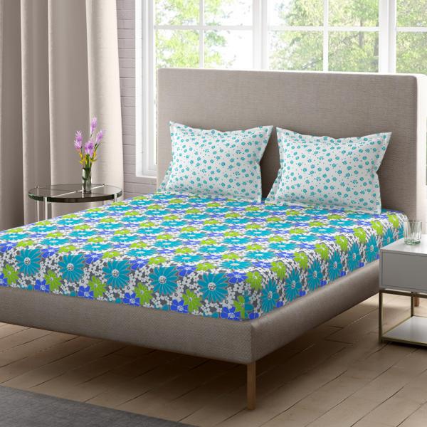 Home Expressions USA Green Floral Cotton Double Bedsheet with 2 Pillow