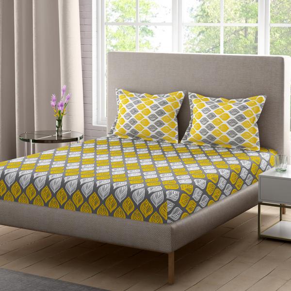 Home Expressions USA Yellow Leaf Cotton Double Bedsheet with 2 Pillow
