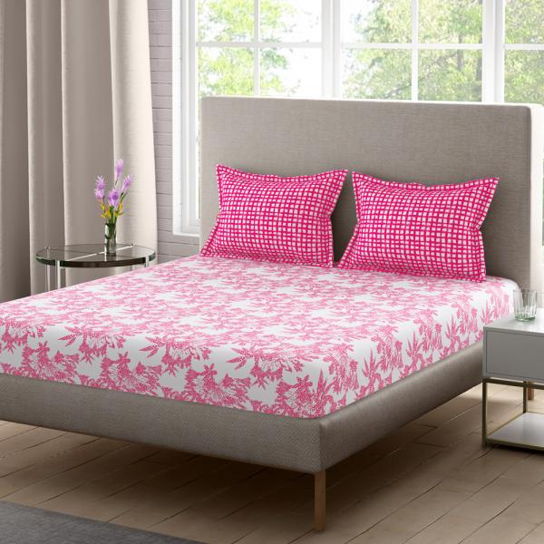 Home Expressions USA Pink Floral Cotton Double Bedsheet with 2 Pillow