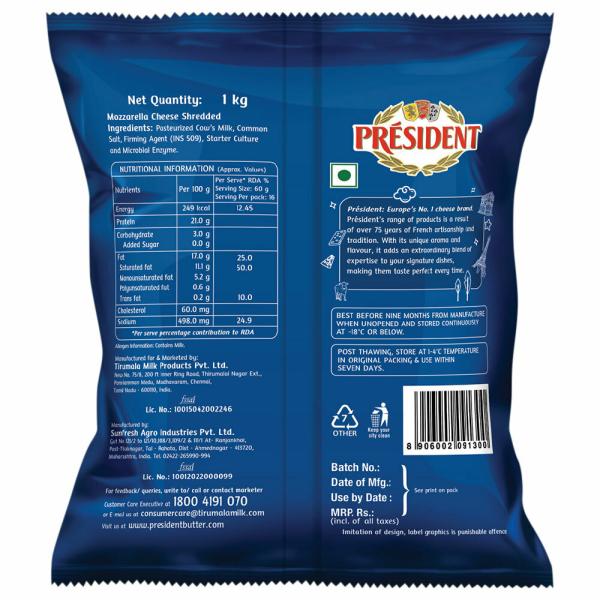 President Mozzarella Shredded Cheese 1 kg (Pack) JioMart