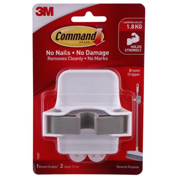 3M Command White Plastic Broom Gripper with Strips (1 Gripper & 2 Large