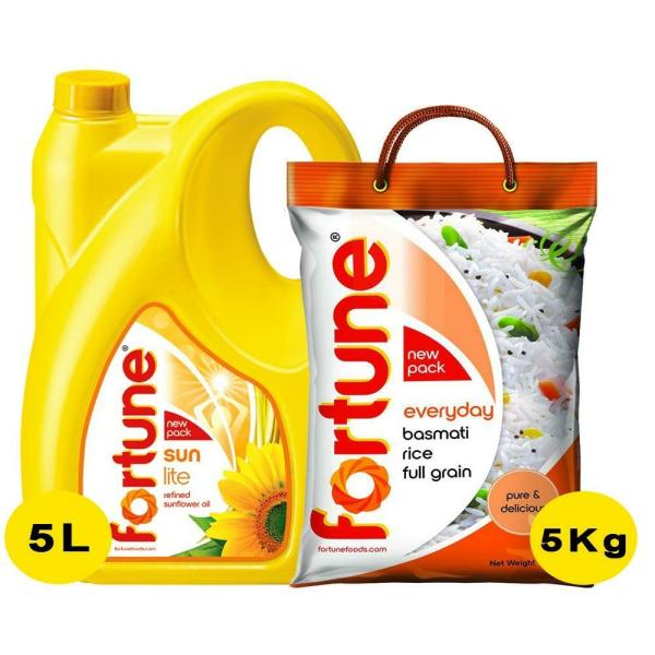 Fortune Sunlite Refined Sunflower Oil 5 L + Fortune Everyday Basmati