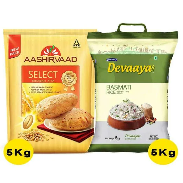 Aashirvaad Select Sharbati Atta 5 kg + Daawat Devaaya Basmati Rice 5 kg