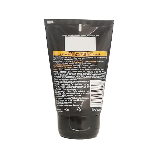 Garnier Men Turbo Bright Anti Pollution Double Action Face Wash 100 gm