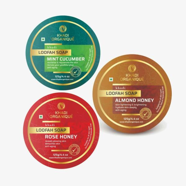 KHADI ORGANIQUE Herbal Almond Honey, Rose Honey, Mint Cucumber Loofah