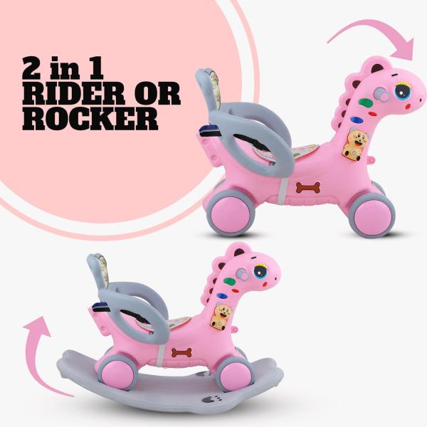 Clever Fox Pink Plastic Dinosaur Ride On Musical Toy Rockers for Kids