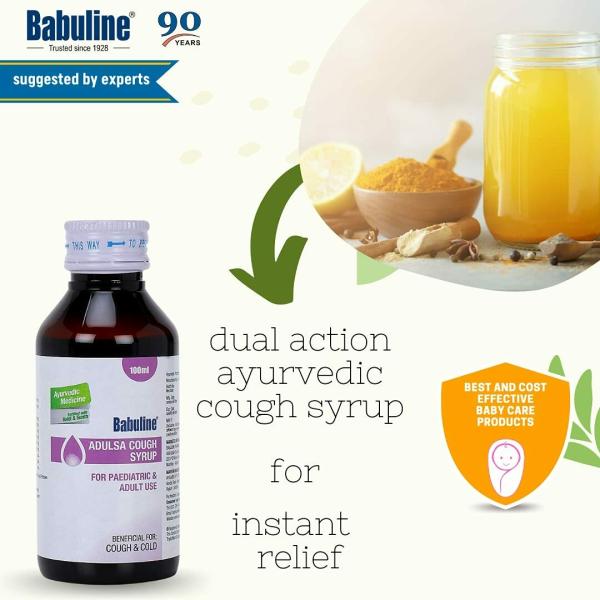 Babuline Adulsa Cough Syrup 100ml for Cold & Wet Dry Cough Sunth Turmeric Dry Ginger (Pack of