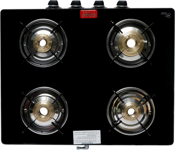 GOOD FLAME 4 Burners Runner King Black Glass Gas Stove with 1.5 mm Hose