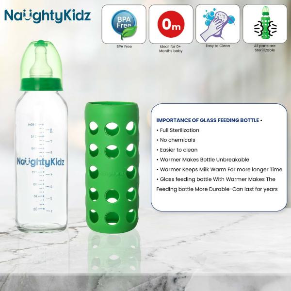 Naughty Kidz Green Baby Feeding Bottle with 2 Ultra Soft Nipple and 1