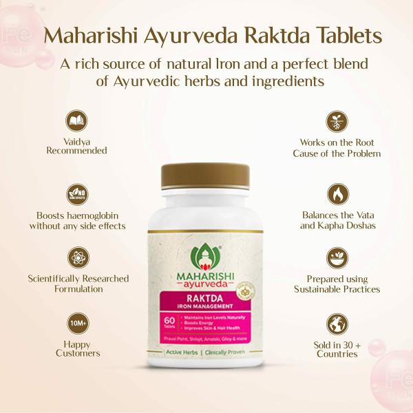 Maharishi Ayurveda Raktda Iron Management Tablets For Men and Women|  Ayurvedic Iron supplement with Vitamin C and Calcium |Maintains Haemoglobin  levels| Boosts Energy | Improves Skin and Hair Health| 60 Tablets - JioMart