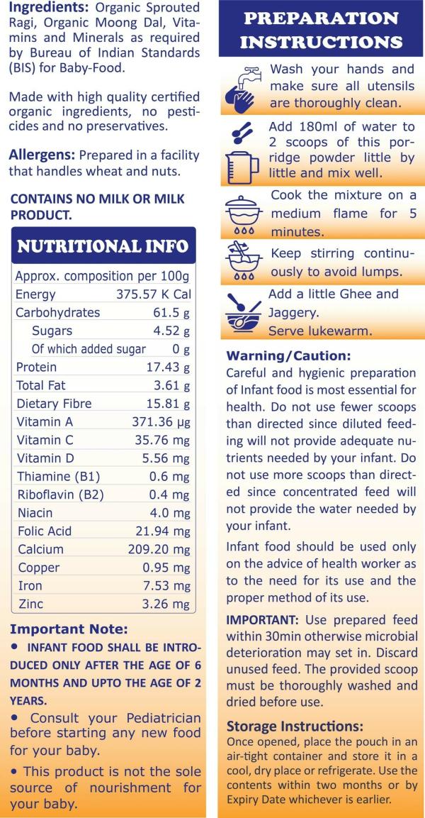 TummyFriendly Foods Organic Sprouted Ragi MoongDal Porridge Mix, Baby