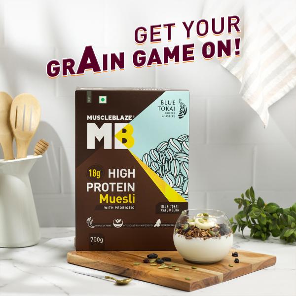 Muscleblaze High Protein Muesli, Blue Tokai Cafe Mocha, 18 Protein