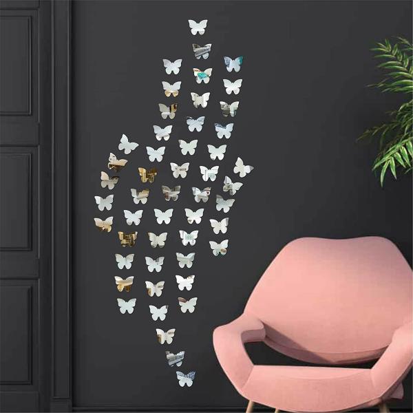 Look Decor Butterfly Silver 3D Acrylic Mirror Wall Sticker (Pack Of 50
