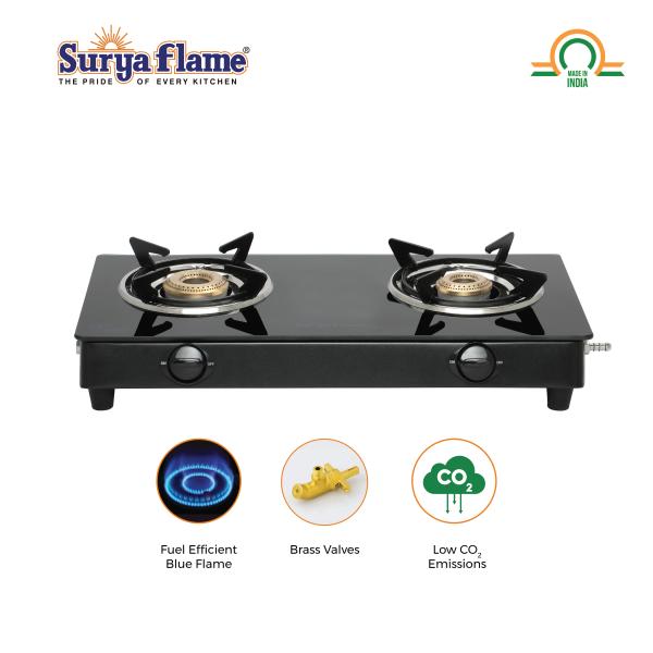 Suryaflame King Manual 2 Burners Mild Steel Glass Top Gas Stove 2