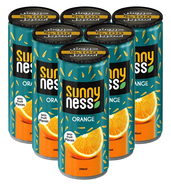 Sunnyness, Orange Juice with Real Fruit Pieces, Pack of 6, 240 ml in each Can JioMart